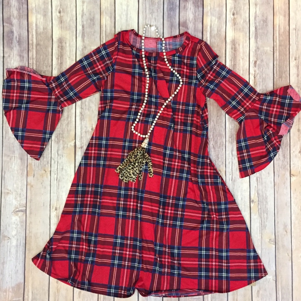 Red Navy Plaid Bell Sleeve Dress